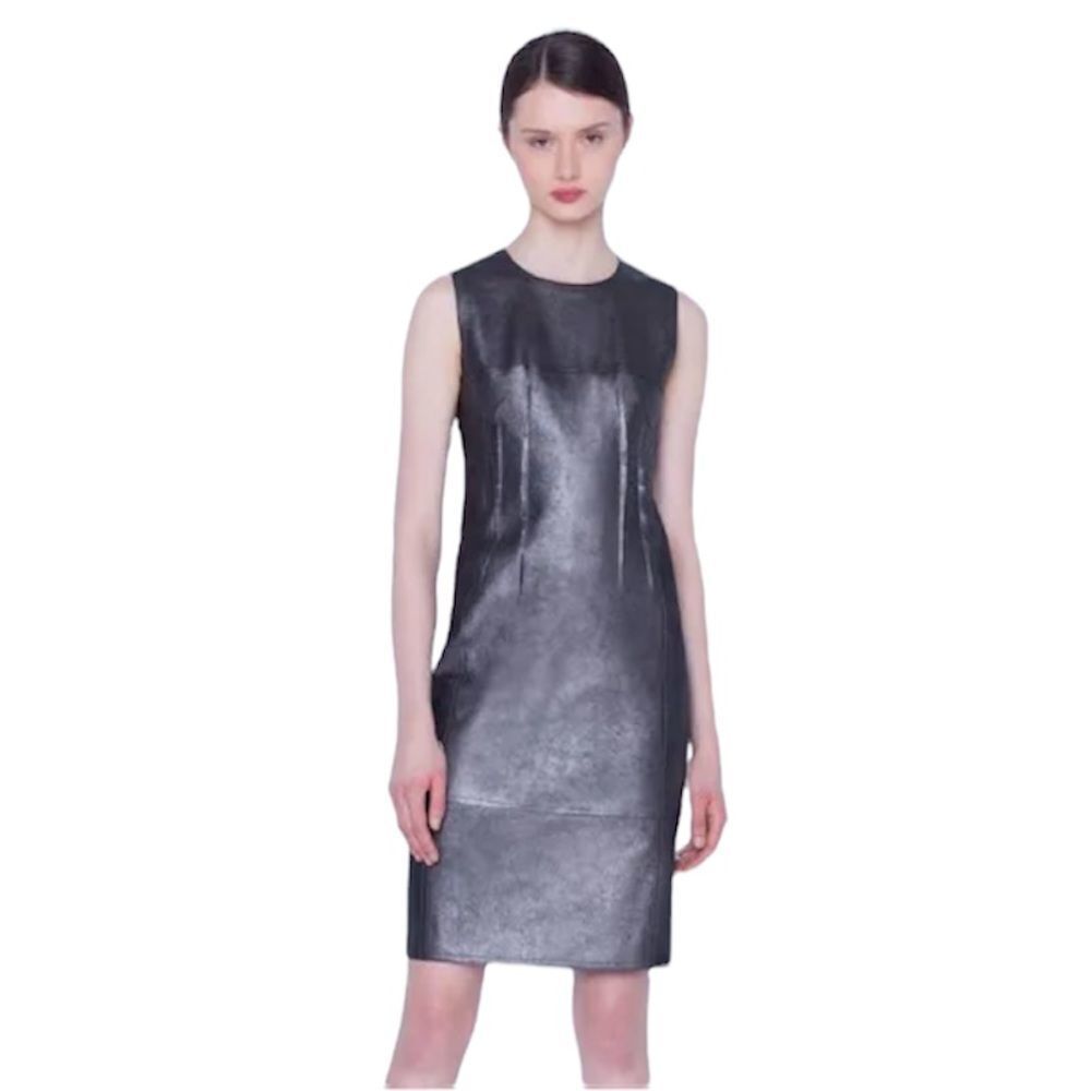 AKRIS Black Mountain Ash Metallic Bodycon 100% Lamb Leather Sleeveless Dress 10